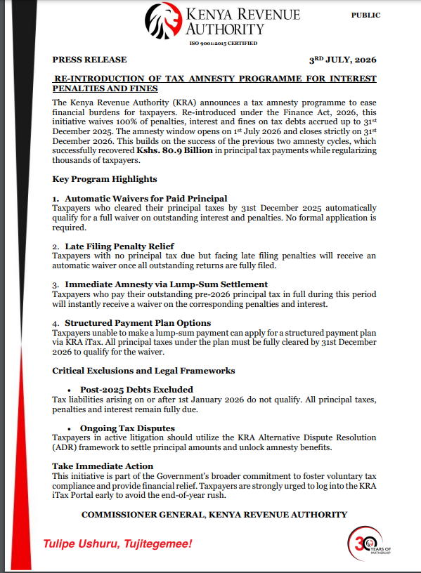 KRA WAIVER ONGOING: KRA Re-Introduces Tax Amnesty Programme for Interest, Penalties, and Fines